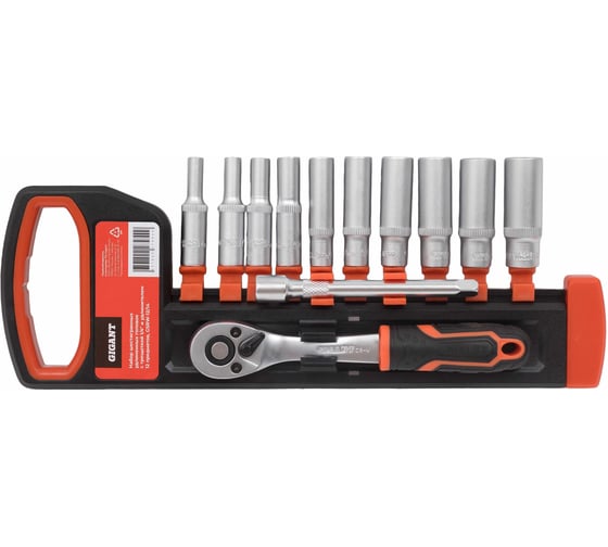 Изображение товара Набор шестигранных удлиненных головок Gigant с трещоткой 1/4" и удлинителем, 12 предметов GSRW-12/14