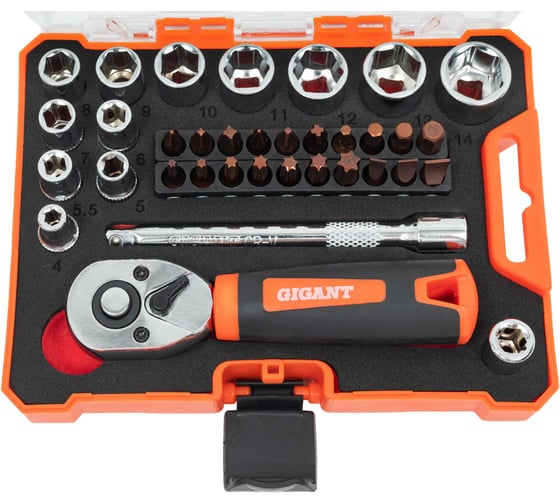 Изображение товара Набор Gigant: биты-20 шт, торцовые головки-12шт, трещотка 1/4-1шт, адаптер для бит SQ 1/4"хHex 1/4", удлинитель 1/4"/90мм GSBR-1/4