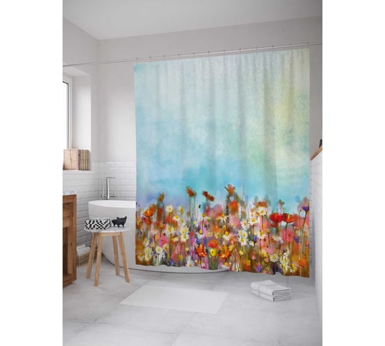 Изображение товара Штора (занавеска) для ванной JoyArty "Ромашково поле" из сатена, 180х200 см с крючками, sc_21177