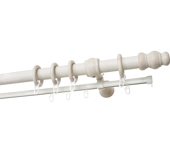 Изображение товара Двухрядный круглый деревянный карниз тренд УЮТ D28 деревянная фурнитура, фактурная штанга, цвет белый ясень, 250 см 2135707