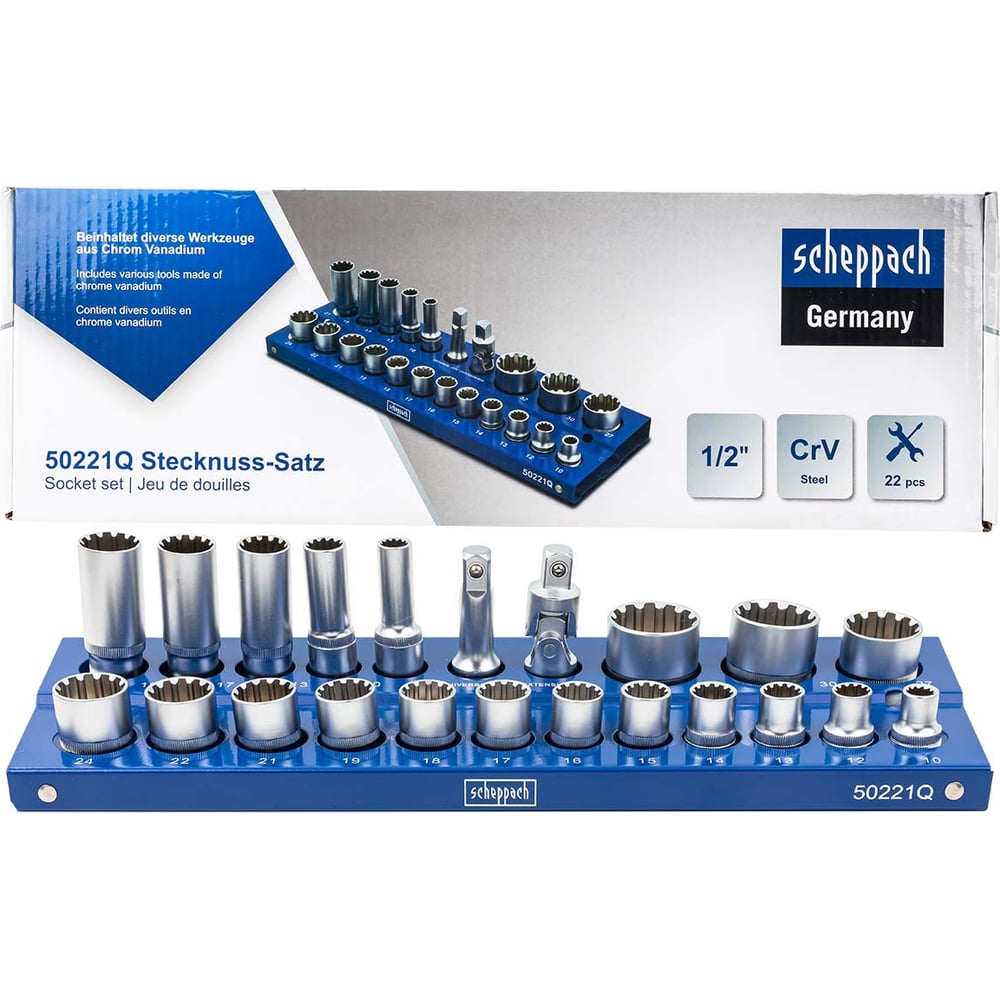 Изображение товара Набор головок 1/2" Scheppach Sch-50221Q 22 предмета профессиональный
