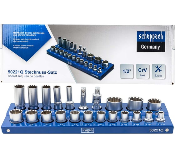 Изображение товара Набор головок 1/2", 22 предмета Scheppach Sch-50221Q(60502)