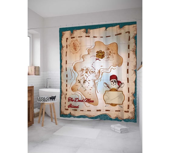 Изображение товара Штора (занавеска) для ванной JoyArty "Пиратский клад" из сатена, 180х200 см с крючками, sc_18562