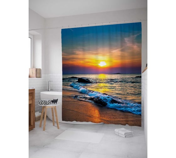 Изображение товара Штора (занавеска) для ванной JoyArty "Волнистый закат" из сатена, 180х200 см с крючками, sc_12487