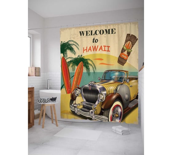 Изображение товара Штора (занавеска) для ванной JoyArty "Приглашение в Гавайи" из сатена, 180х200 см с крючками, sc_15616
