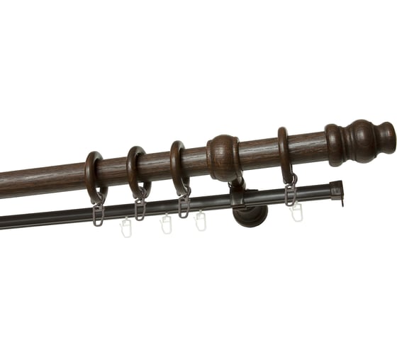 Изображение товара Деревянный круглый двухрядный составной карниз тренд УЮТ D28 деревянная фурнитура, фактурная штанга, цвет каштан, 400 см 2135368