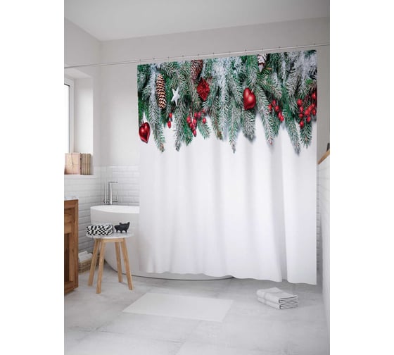 Изображение товара Штора (занавеска) для ванной JoyArty "Еловая ветка с игрушками" из сатена, 180х200 см с крючками, sc_20311
