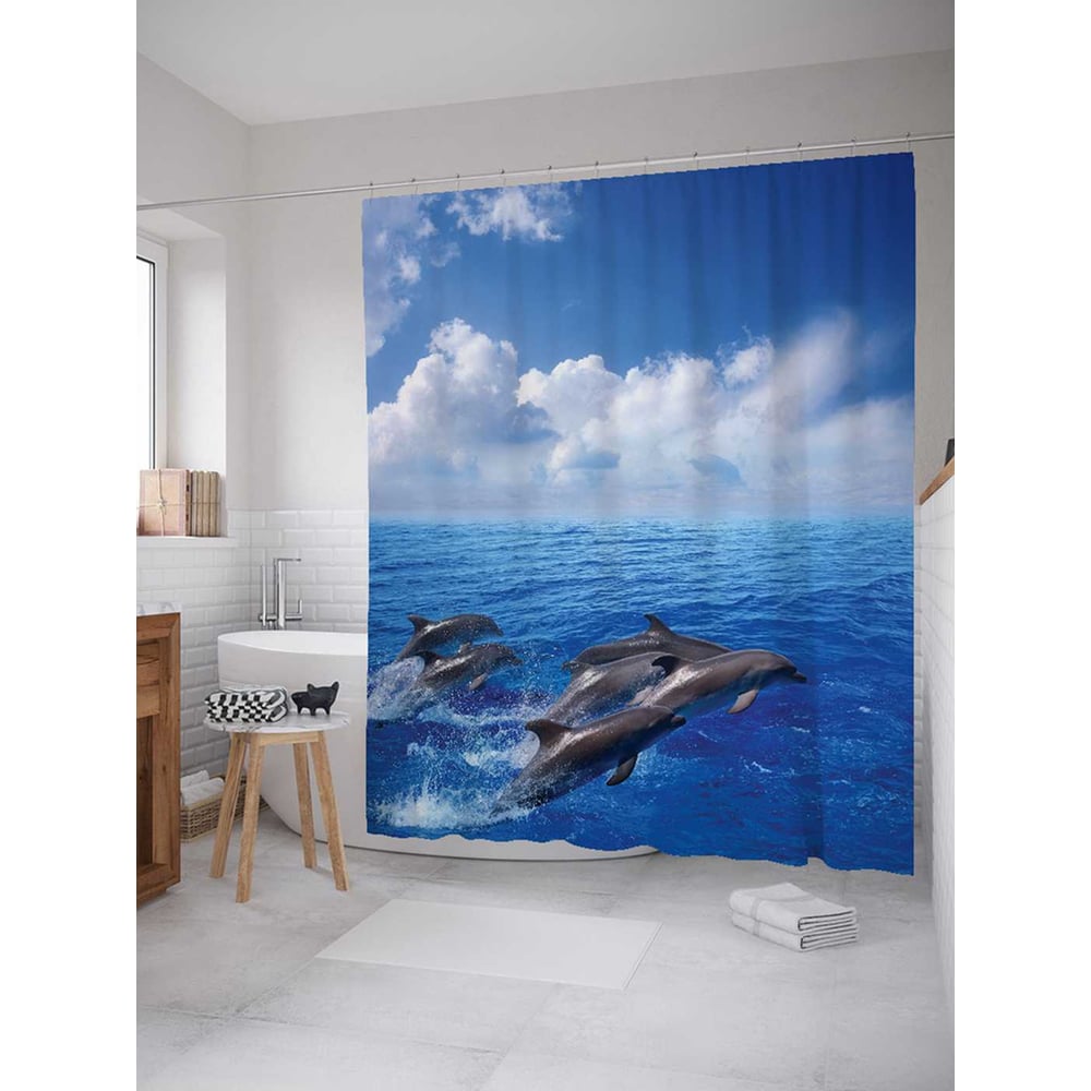 Изображение товара Штора для ванной JoyArty Прыгающие дельфины из сатена 180х200 см с крючками