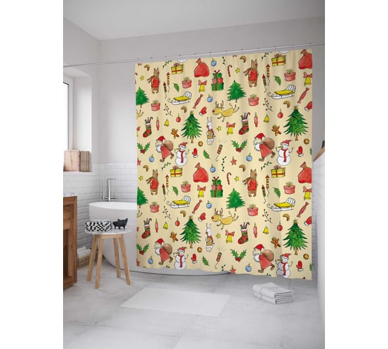 Изображение товара Штора (занавеска) для ванной JoyArty "Новогодние игрушки" из сатена, 180х200 см sc_378602