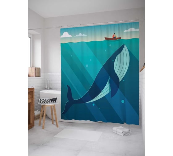 Изображение товара Штора (занавеска) для ванной JoyArty "Хитрый кит" из сатена, 180х200 см с крючками, sc_23193