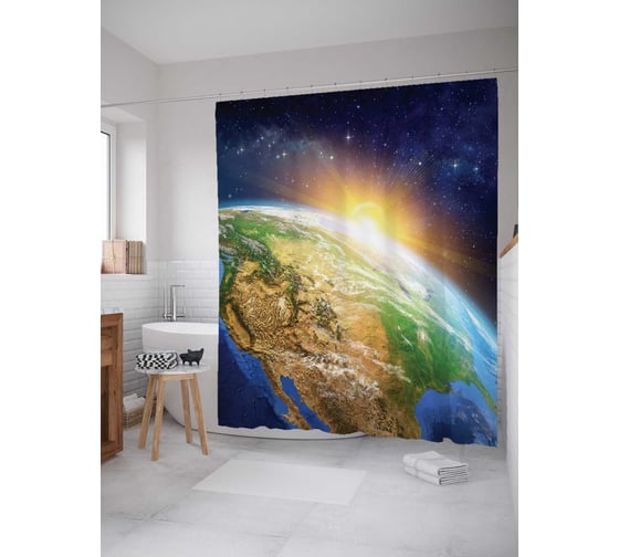 Изображение товара Штора (занавеска) для ванной JoyArty "Рассвет в космосе" из сатена, 180х200 см с крючками, sc_15670