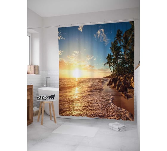 Изображение товара Штора (занавеска) для ванной JoyArty "Пляжная привлекательность" из сатена, 180х200 см с крючками, sc_17133