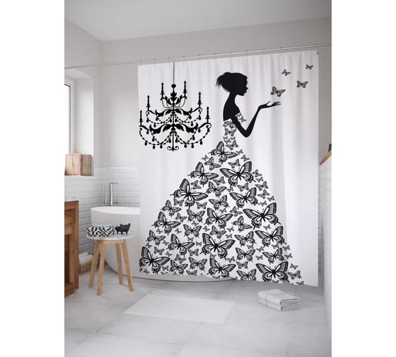Изображение товара Штора (занавеска) для ванной JoyArty "Платье из бабочек" из сатена, 180х200 см с крючками, sc_1692