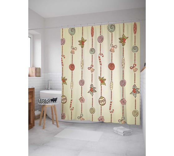 Изображение товара Штора (занавеска) для ванной JoyArty "Елочные игрушки" из сатена, 180х200 см с крючками, sc_185479
