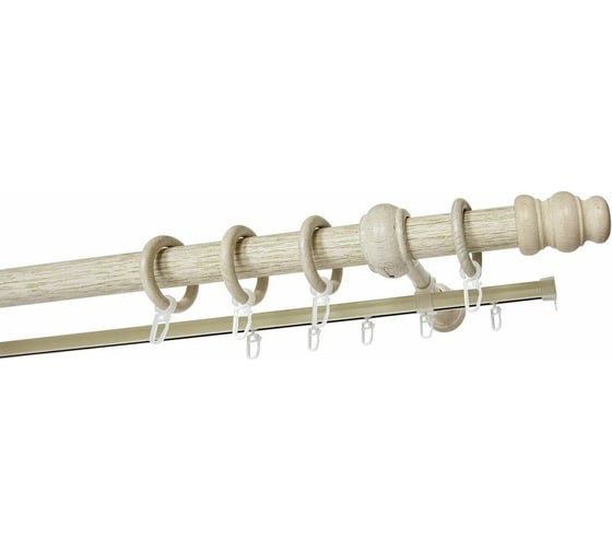 Изображение товара Деревянный круглый двухрядный карниз УЮТ D28 деревянная фурнитура, цвет беленый дуб, 225 см 2091255