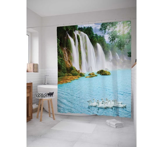 Изображение товара Штора (занавеска) для ванной JoyArty "Лебеди у водопада" из сатена, 180х200 см с крючками, sc_13895