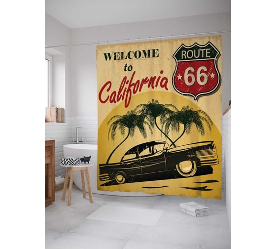 Изображение товара Штора (занавеска) для ванной JoyArty "Приглашение в Калифорию" из сатена, 180х200 см с крючками, sc_15614