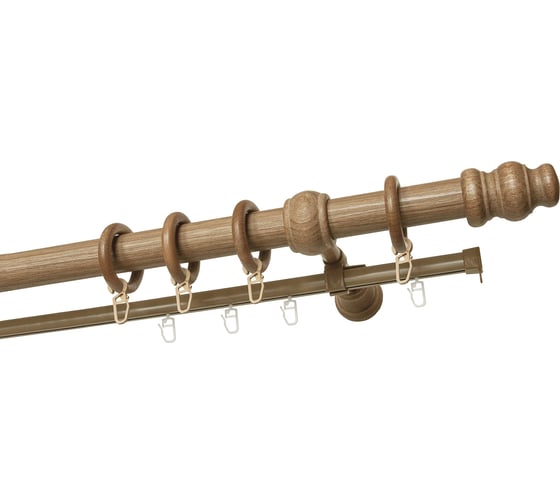 Изображение товара Двухрядный круглый деревянный карниз тренд УЮТ D28 деревянная фурнитура, фактурная штанга, цвет груша, 175 см 2135650