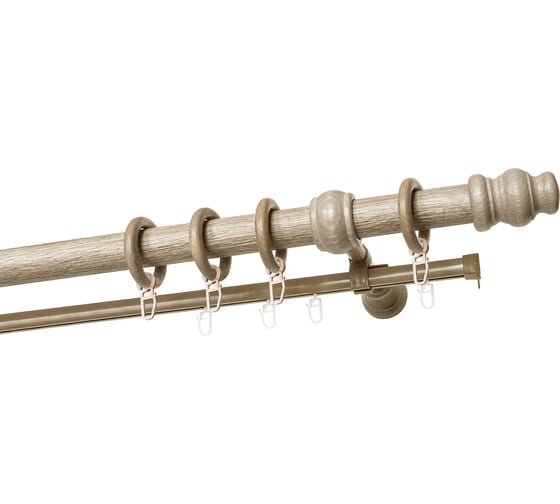 Изображение товара Двухрядный круглый деревянный карниз тренд УЮТ D28 деревянная фурнитура, фактурная штанга, цвет клен, 300 см 2135695