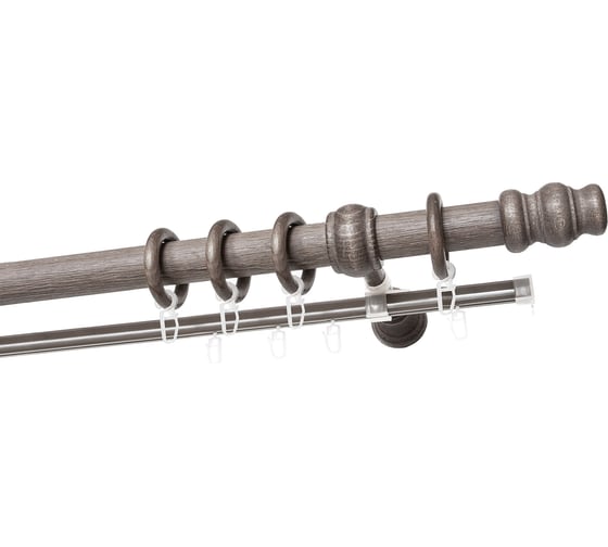 Изображение товара Двухрядный круглый деревянный карниз тренд УЮТ D28 деревянная фурнитура, фактурная штанга, цвет серый тик, 275 см 2135676