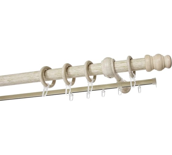 Изображение товара Деревянный круглый двухрядный составной карниз УЮТ D28 деревянная фурнитура, цвет беленый дуб, 325 см 2091163