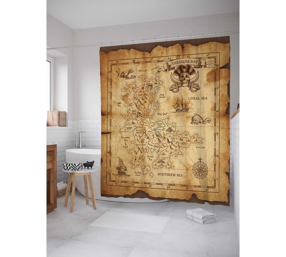 Изображение товара Штора (занавеска) для ванной JoyArty "Сокровище уже рядом" из сатена, 180х200 см с крючками, sc_19208