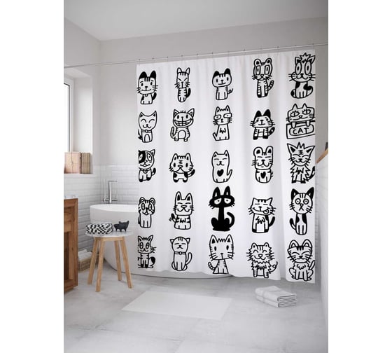 Изображение товара Штора (занавеска) для ванной JoyArty "Нарисованные коты" из сатена, 180х200 см с крючками, sc_25248