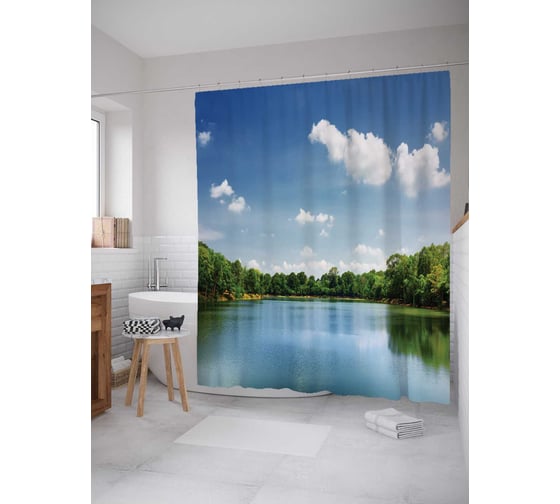 Изображение товара Штора (занавеска) для ванной JoyArty "Солнечный пейзаж реки" из сатена, 180х200 см с крючками, sc_15175