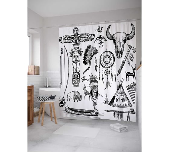 Изображение товара Штора (занавеска) для ванной JoyArty "Индейские атрибуты" из сатена, 180х200 см с крючками, sc_13953