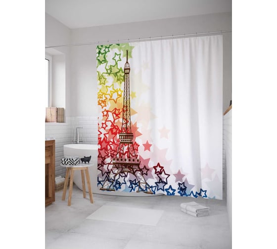 Изображение товара Штора (занавеска) для ванной JoyArty "Звездная эйфелева башня" из сатена, 180х200 см с крючками, sc_15472