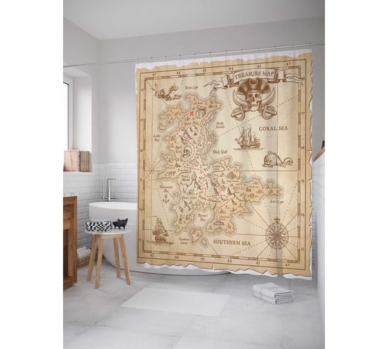 Изображение товара Штора (занавеска) для ванной JoyArty "Карта сокровищ найдена" из сатена, 180х200 см с крючками, sc_15513