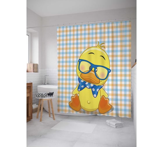Изображение товара Штора (занавеска) для ванной JoyArty "Стеснительная уточка" из сатена, 180х200 см с крючками, sc_15521