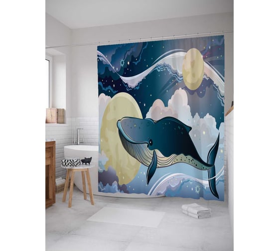 Изображение товара Штора (занавеска) для ванной JoyArty "Кит в лунном море" из сатена, 180х200 см с крючками, sc_23174