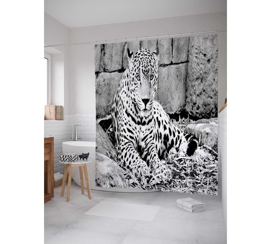 Изображение товара Штора (занавеска) для ванной JoyArty "Удивленный леопард" из сатена, 180х200 см с крючками, sc_18096