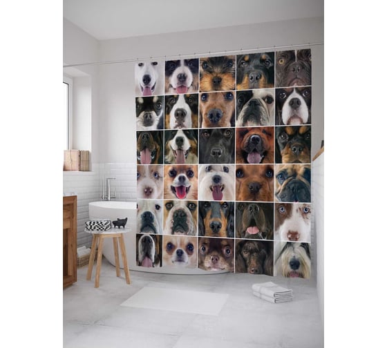 Изображение товара Штора (занавеска) для ванной JoyArty "В окружении собак" из сатена, 180х200 см с крючками, sc_10674