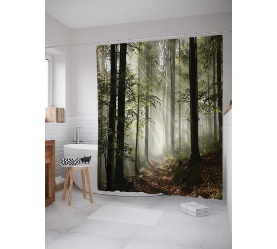 Изображение товара Штора (занавеска) для ванной JoyArty "Лес в тумане" из сатена, 180х200 см с крючками, sc_14905