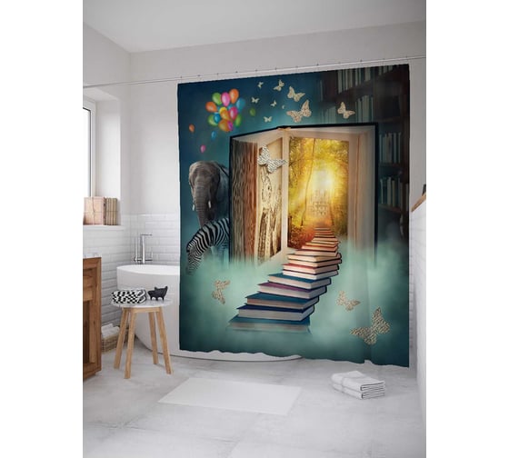 Изображение товара Штора (занавеска) для ванной JoyArty "Лестница к знаниям" из сатена, 180х200 см с крючками, sc_12928