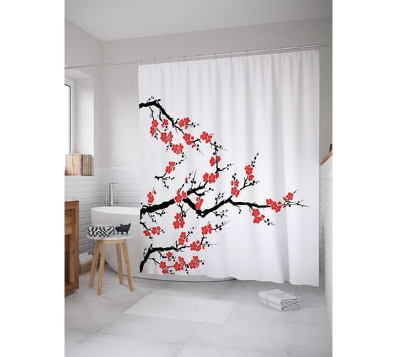 Изображение товара Штора (занавеска) для ванной JoyArty "Цвет сакуры" из сатена, 180х200 см с крючками, sc_18308