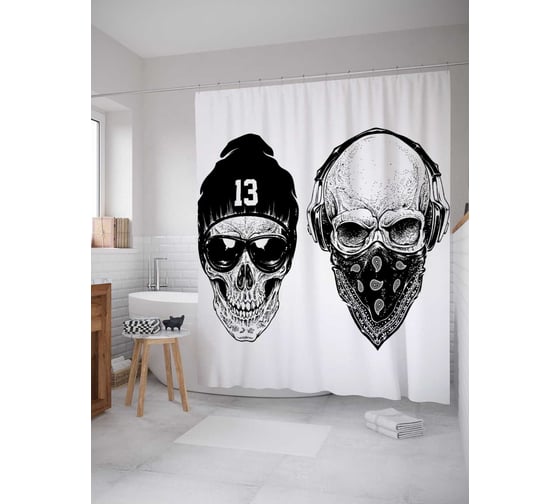 Изображение товара Штора (занавеска) для ванной JoyArty "Черепа в стиле Дотворк" из сатена, 180х200 см с крючками, sc_13859