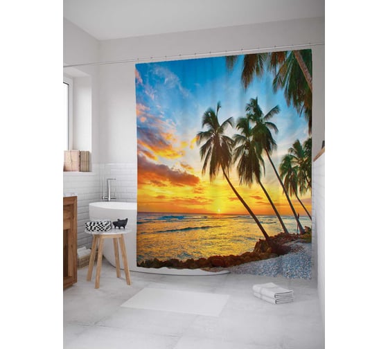 Изображение товара Штора (занавеска) для ванной JoyArty "Сонные пальмы" из сатена, 180х200 см с крючками, sc_13813