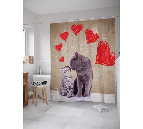 Изображение товара Штора (занавеска) для ванной JoyArty "Любвеобильные коты" из сатена, 180х200 см с крючками, sc_25649