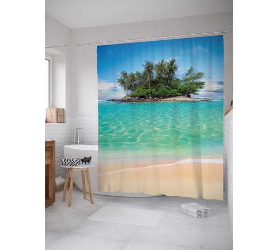 Изображение товара Штора (занавеска) для ванной JoyArty "Остров свободы" из сатена, 180х200 см с крючками, sc_2616