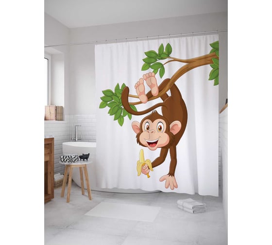 Изображение товара Штора (занавеска) для ванной JoyArty "Смешная обезьяна" из сатена, 180х200 см с крючками, sc_13699