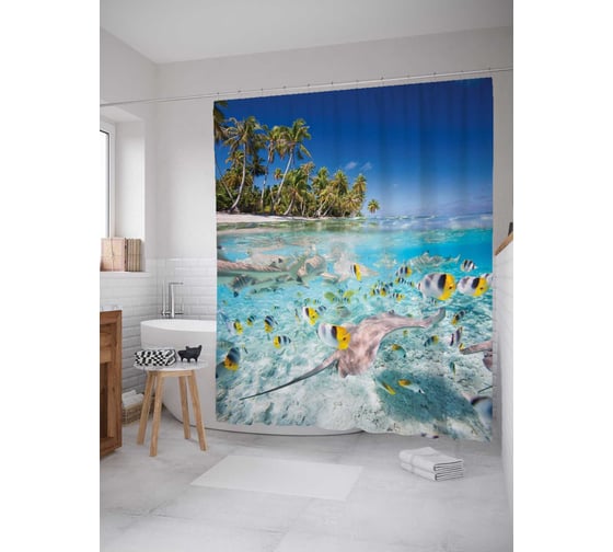 Изображение товара Штора (занавеска) для ванной JoyArty "Рыбы под берегом" из сатена, 180х200 см с крючками, sc_2750