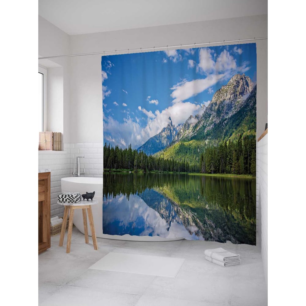 Изображение товара Штора для ванной JoyArty Река рисует горные картины 180х200 см сатен с крючками