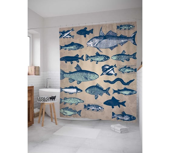 Изображение товара Штора (занавеска) для ванной JoyArty "Рыбное движение" из сатена, 180х200 см с крючками, sc_2790