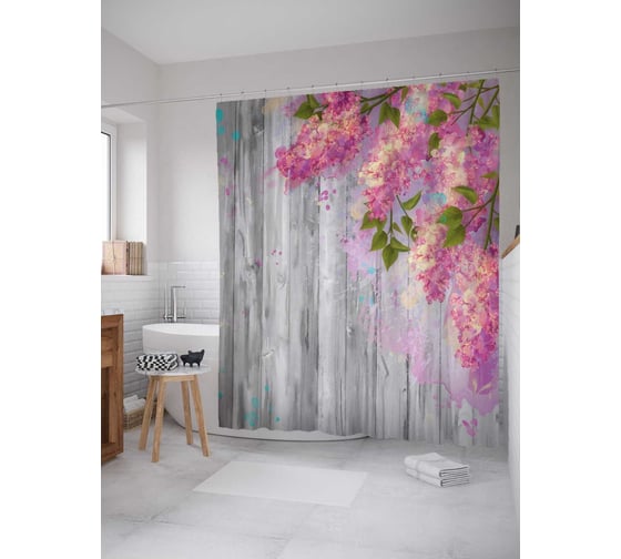 Изображение товара Штора (занавеска) для ванной JoyArty "Цветы сирени" из сатена, 180х200 см с крючками, sc_27332