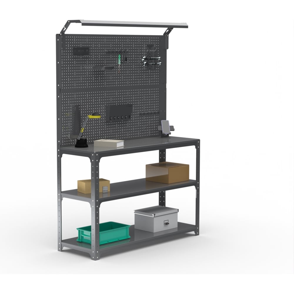 Изображение товара Стол-верстак ООО Металекс серия KIT 950х1100х500 мм, 2-е полки, двойная перфопанель с комплектом освещения, серый 205298