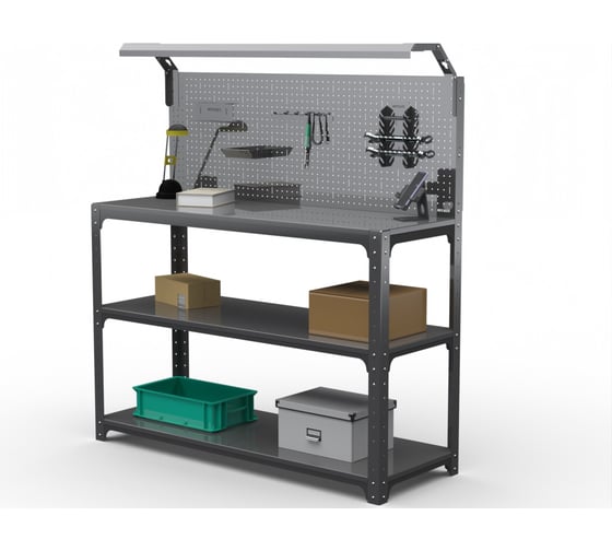 Изображение товара Стол-верстак ООО Металекс серия KIT 950х1100х600 мм, 2-е полки + перфопанель с комплектом освещения, серый 205334