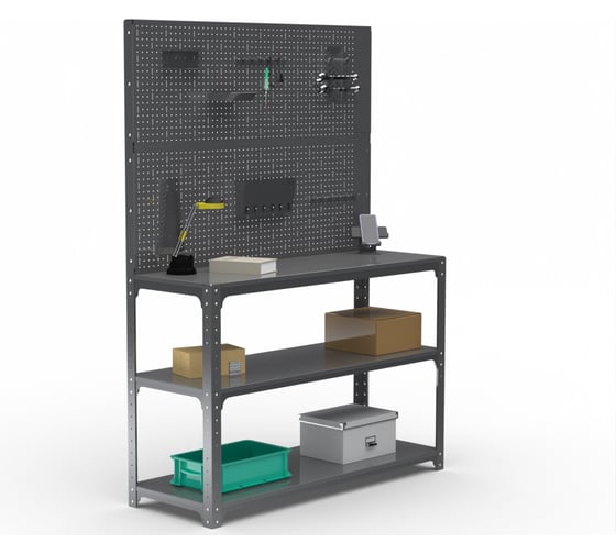 Изображение товара Стол-верстак ООО Металекс Metalex KIT 950х1600х600 мм, две полки + двойная перфопанель с комплектом аксессуаров, серый 205171